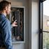 Man in blue shirt, inspecting electrical panel, near a window.