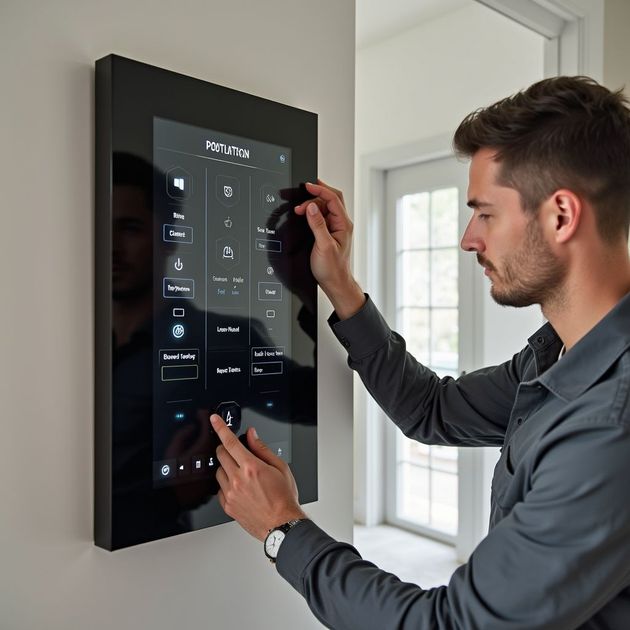 Man interacting with a large touch screen mounted on a wall. He's touching the screen with his fingers in a home setting.