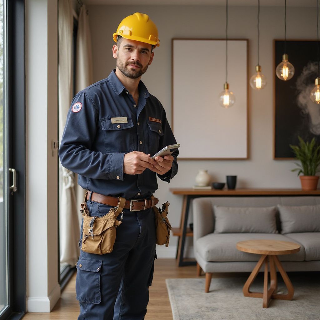 Construction worker in a yellow hard hat holding a phone, standing in a modern living room.