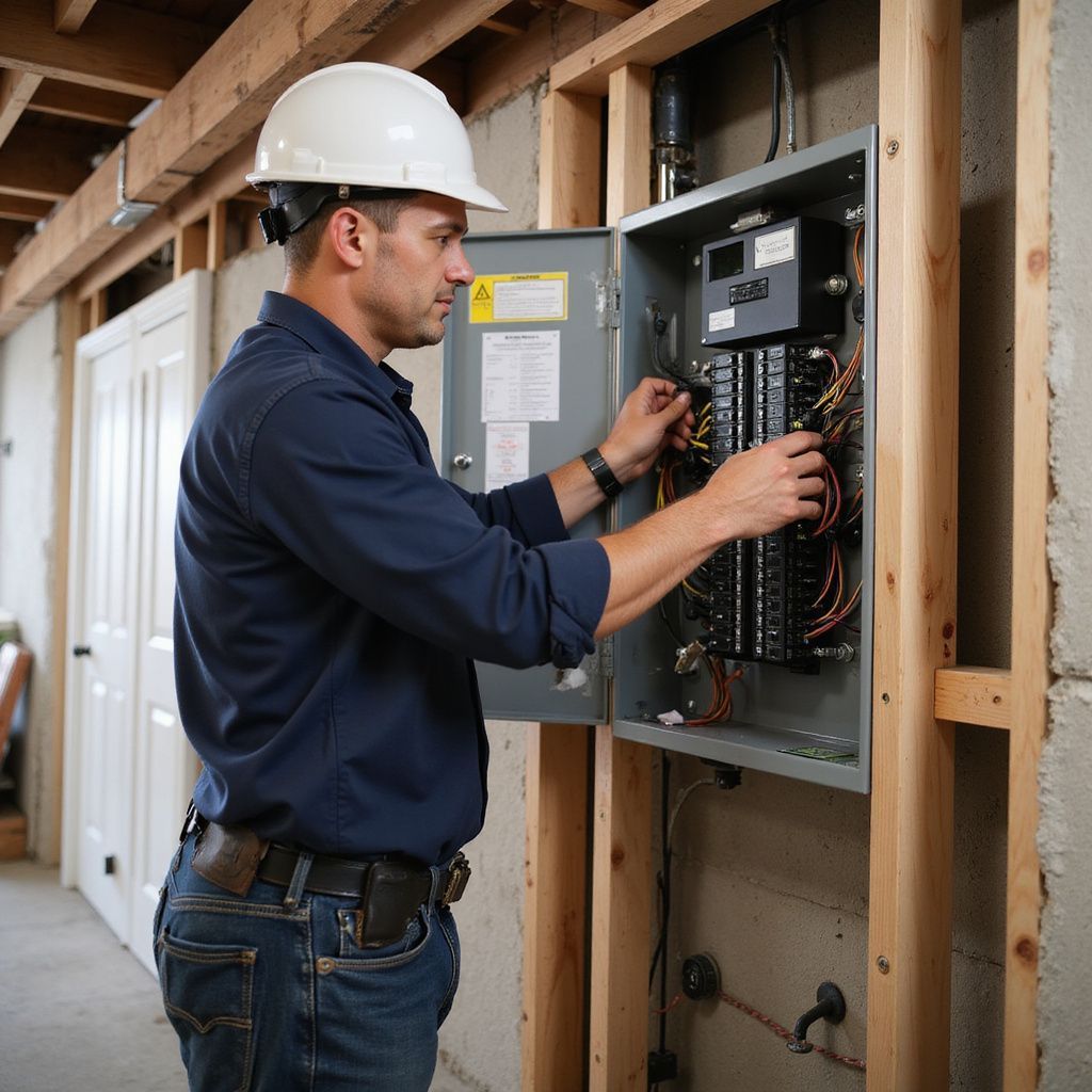 Electrician in hard hat working on an electrical panel in a framed-out room.