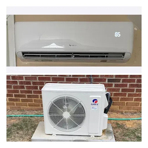 A picture of a wall mounted air conditioner and a picture of an outdoor air conditioner.