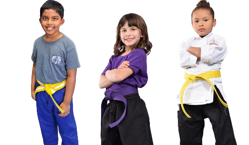 A boy and two girls in karate uniforms are pointing at the camera