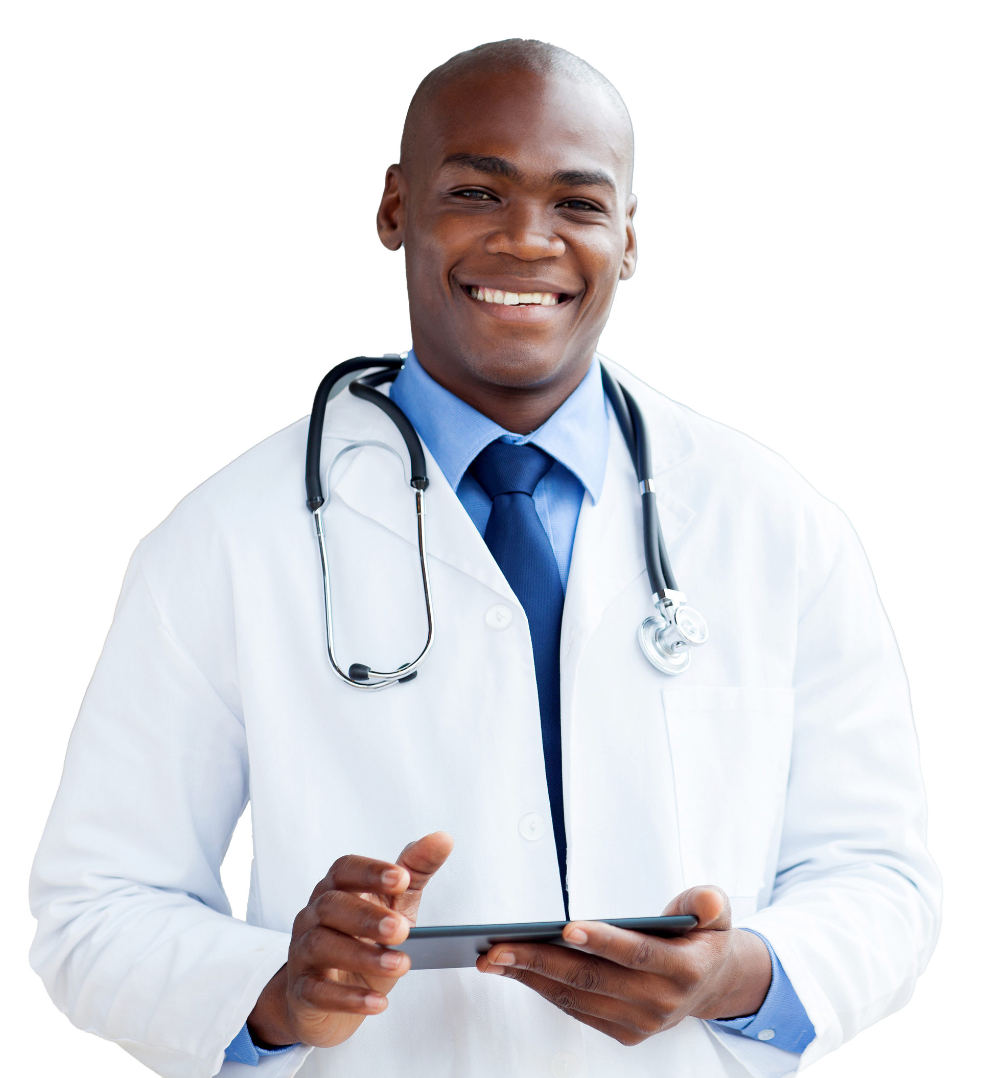 a doctor with a stethoscope around his neck is smiling while holding a tablet .
