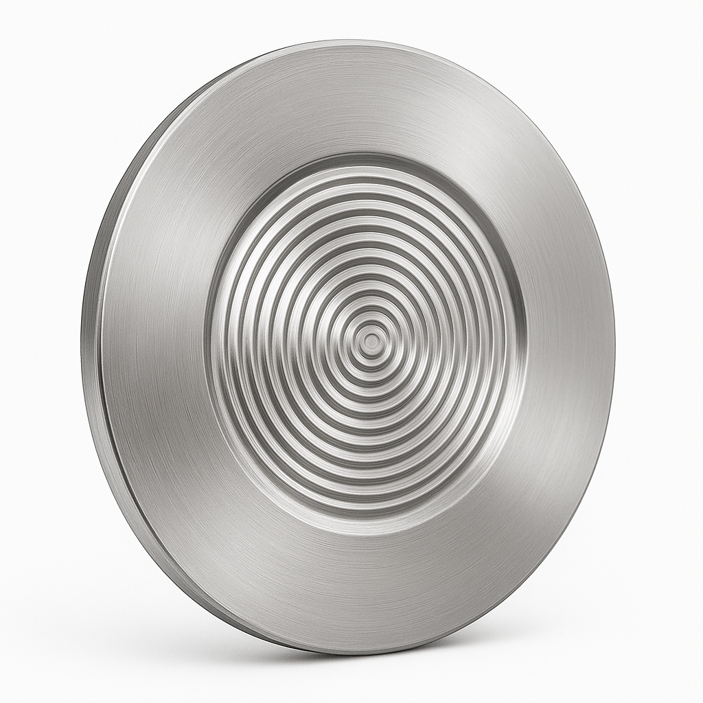 Disco metálico redondo con ranuras circulares concéntricas, posiblemente un indicador de pavimento táctil.