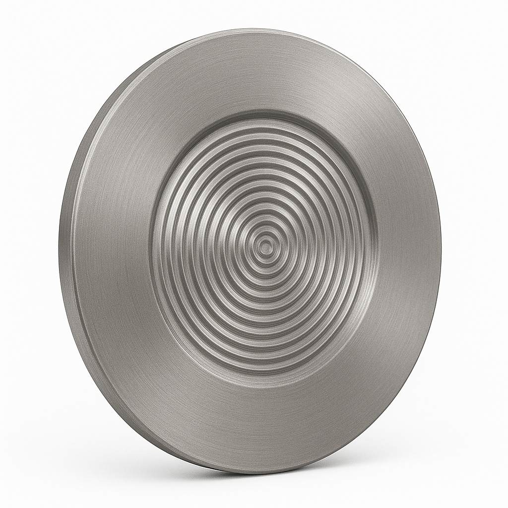Disco de metal plateado con ranuras circulares concéntricas; probablemente un elemento de pavimento táctil.