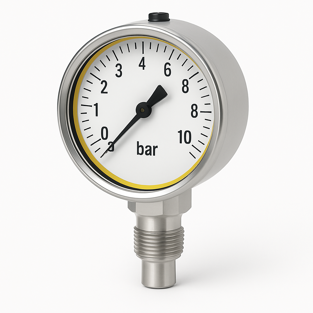 Manómetro de 4 bar. Esfera blanca redonda con aguja negra, carcasa metálica y conexión roscada.