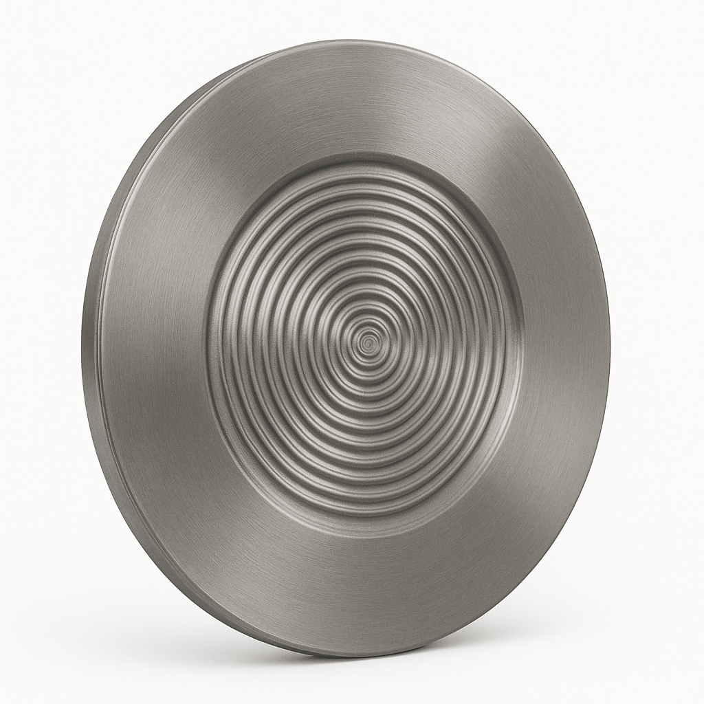 Placa metálica circular con ranuras concéntricas.