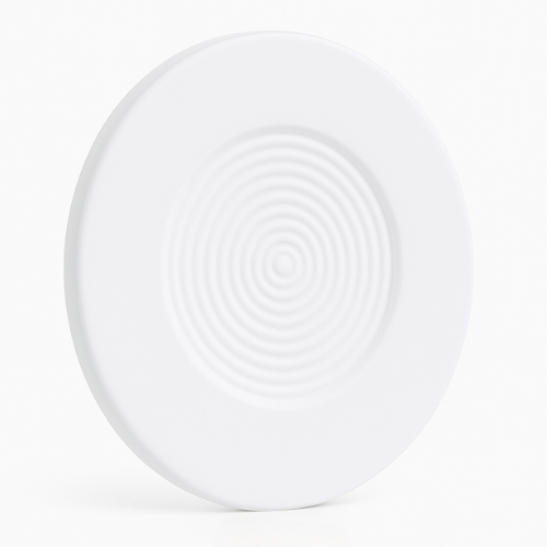 Plato de cerámica blanca con crestas circulares concéntricas en el centro.