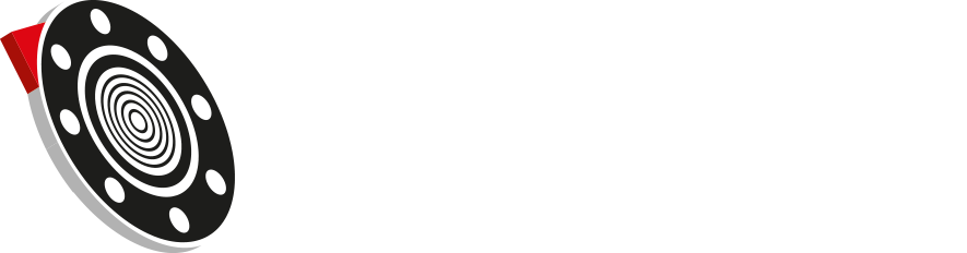 Logotipo negro, blanco y rojo con diseño de huella digital, colocado sobre un círculo y una forma roja.