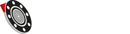 Logotipo negro, blanco y rojo con diseño de huella digital, colocado sobre un círculo y una forma roja.