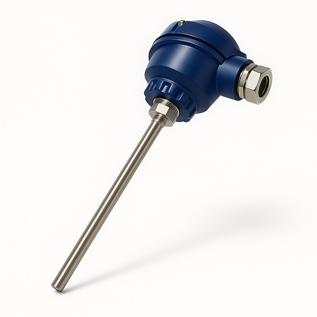 Sonda de sensor de temperatura azul con varilla metálica, sobre fondo blanco.