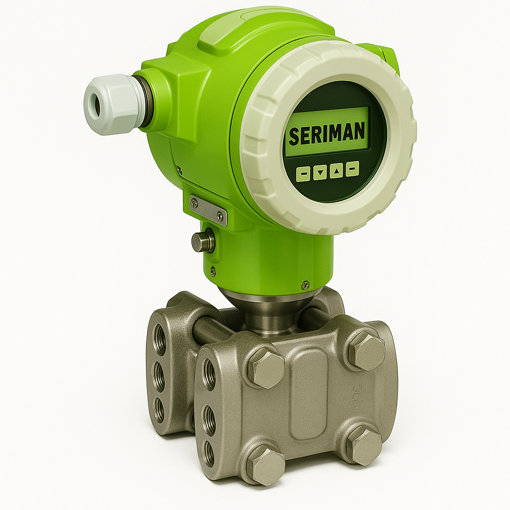 Transmisor de presión verde y plata con pantalla digital, de Seriman.