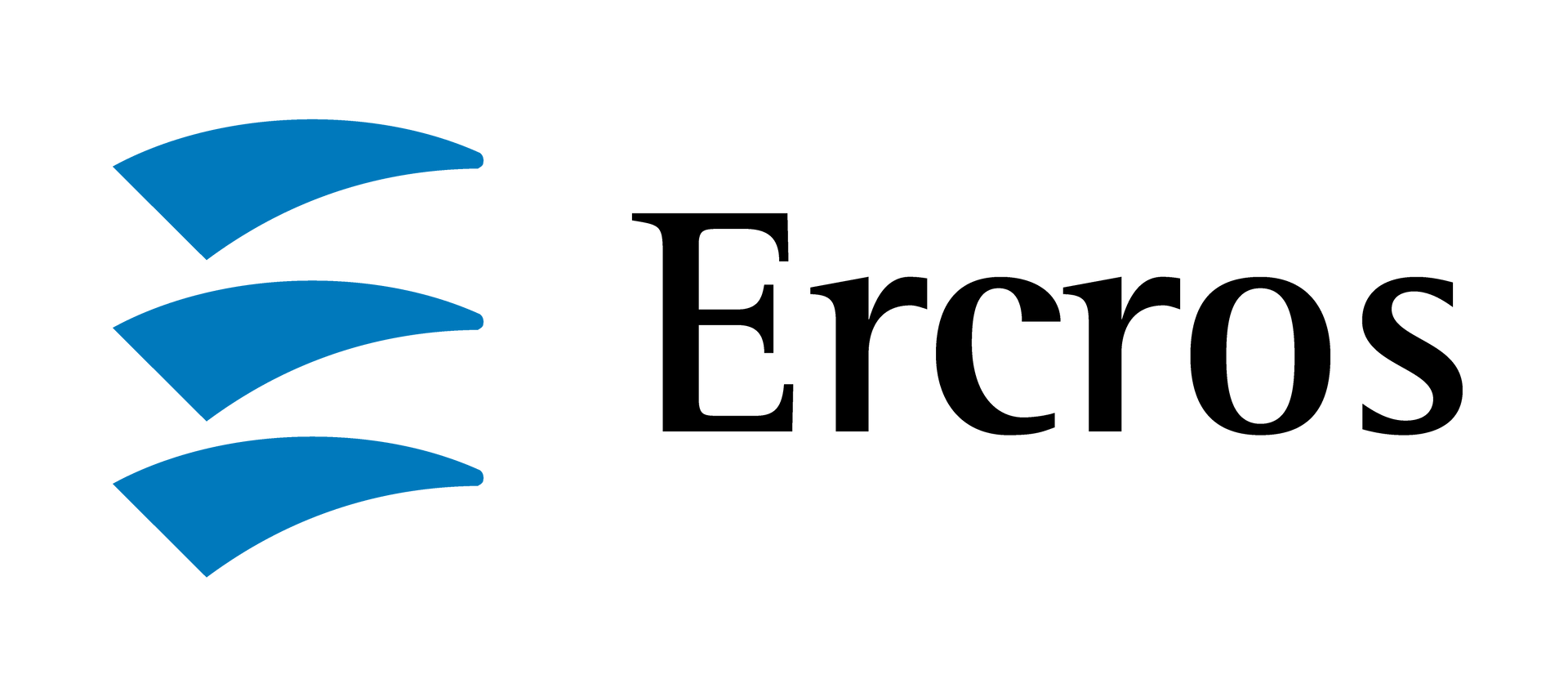 Logotipo de Ercros: una forma ondulada apilada de color azul con el nombre de la empresa en fuente negra a la derecha.