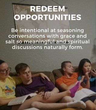 A group of people sitting on a couch with a quote that says redeem opportunities