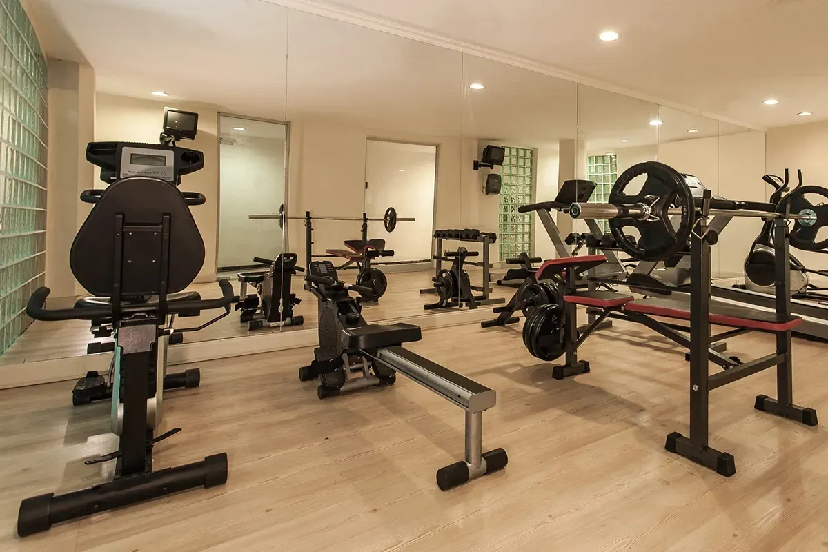 Home gym in a basement.