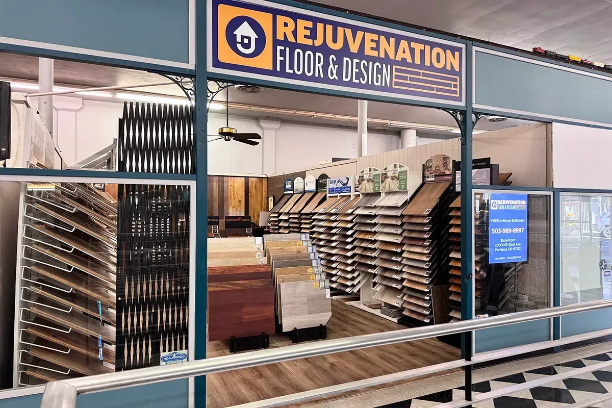 The entrance to Rejuvenation Floor & Design floor store near Beaverton, Oregon.