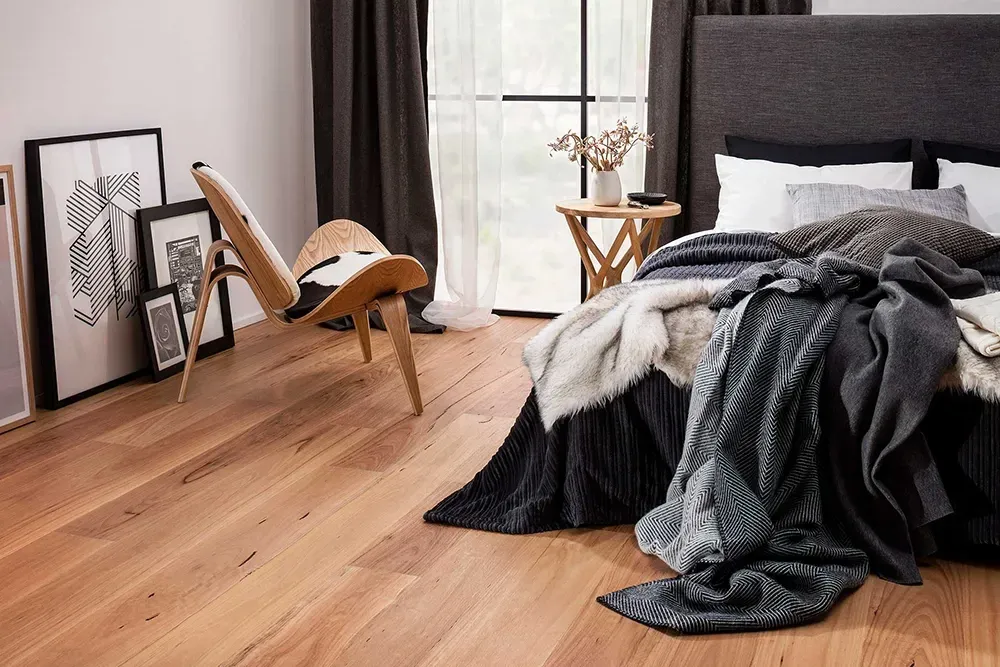 Bedroom laminate flooring.