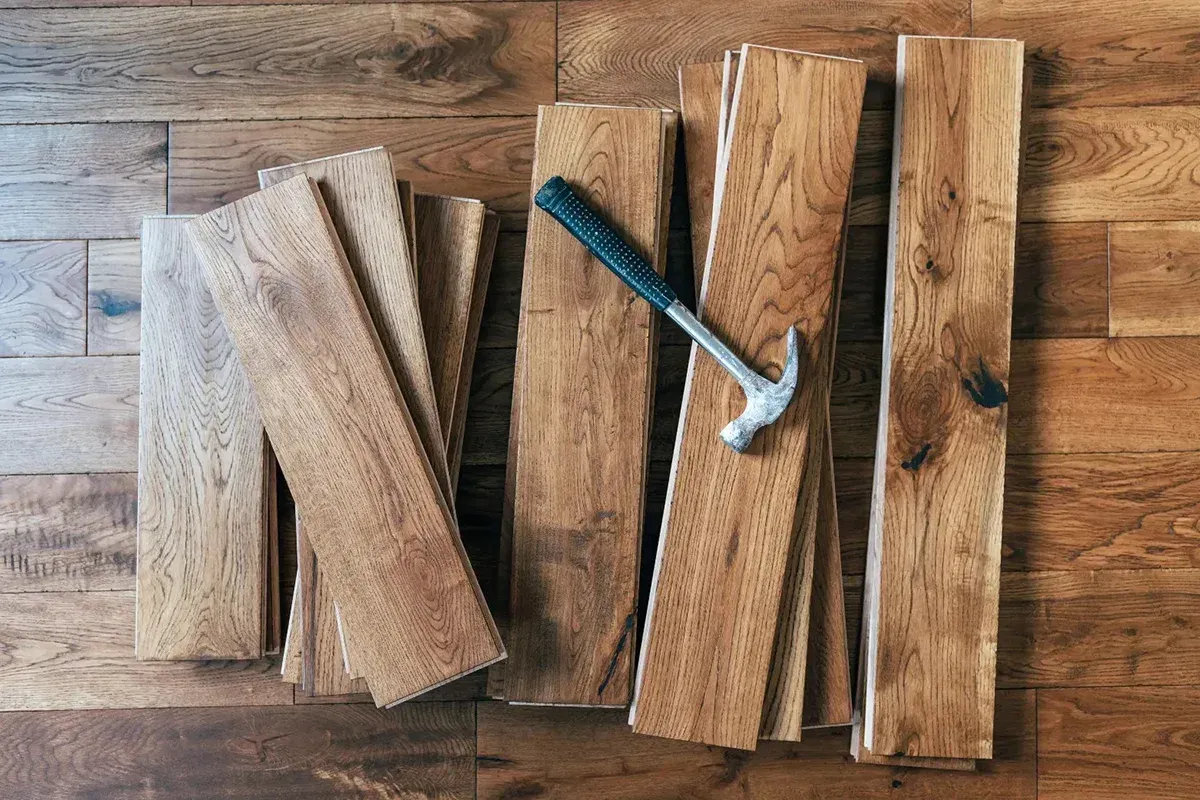 Hardwood flooring laid out on the floor with a hammer resting on top.