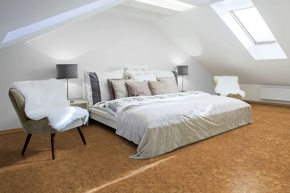 Cork flooring in bedroom.
