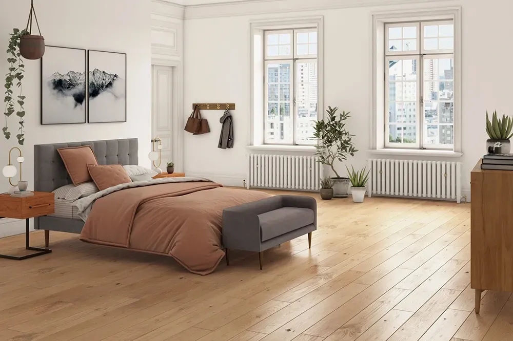 Engineered wood flooring in bedroom.