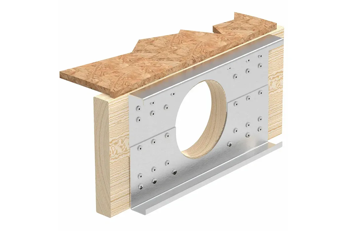 Illustration of floor joist repair using a metal plate to reinforce the wooden beam.