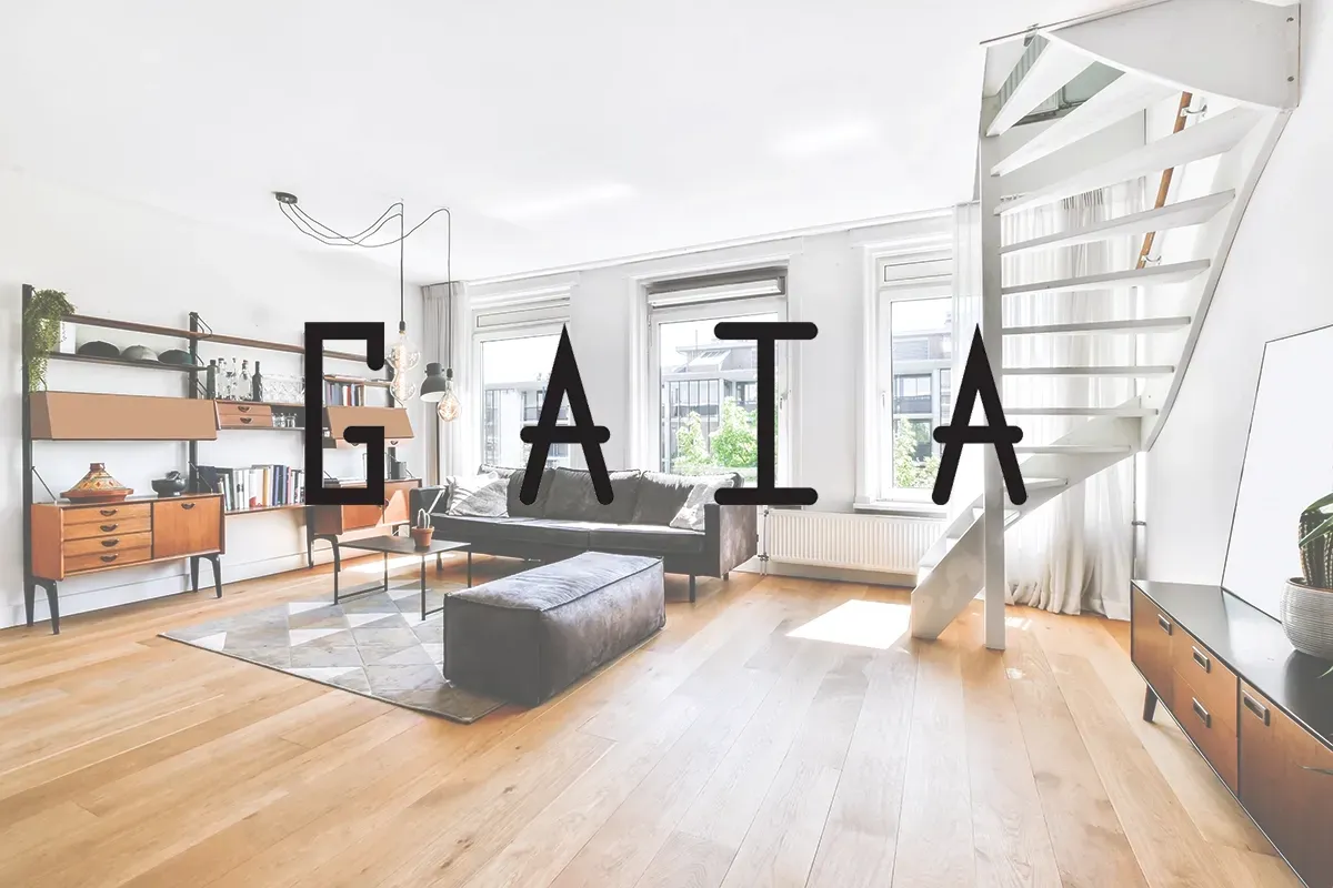 GAIA Flooring logo shown over an apartment featuring GAIA floors.