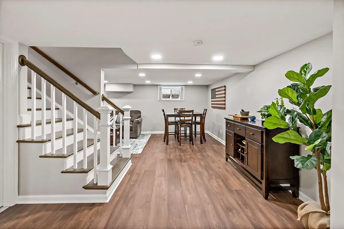 Laminate basement flooring.