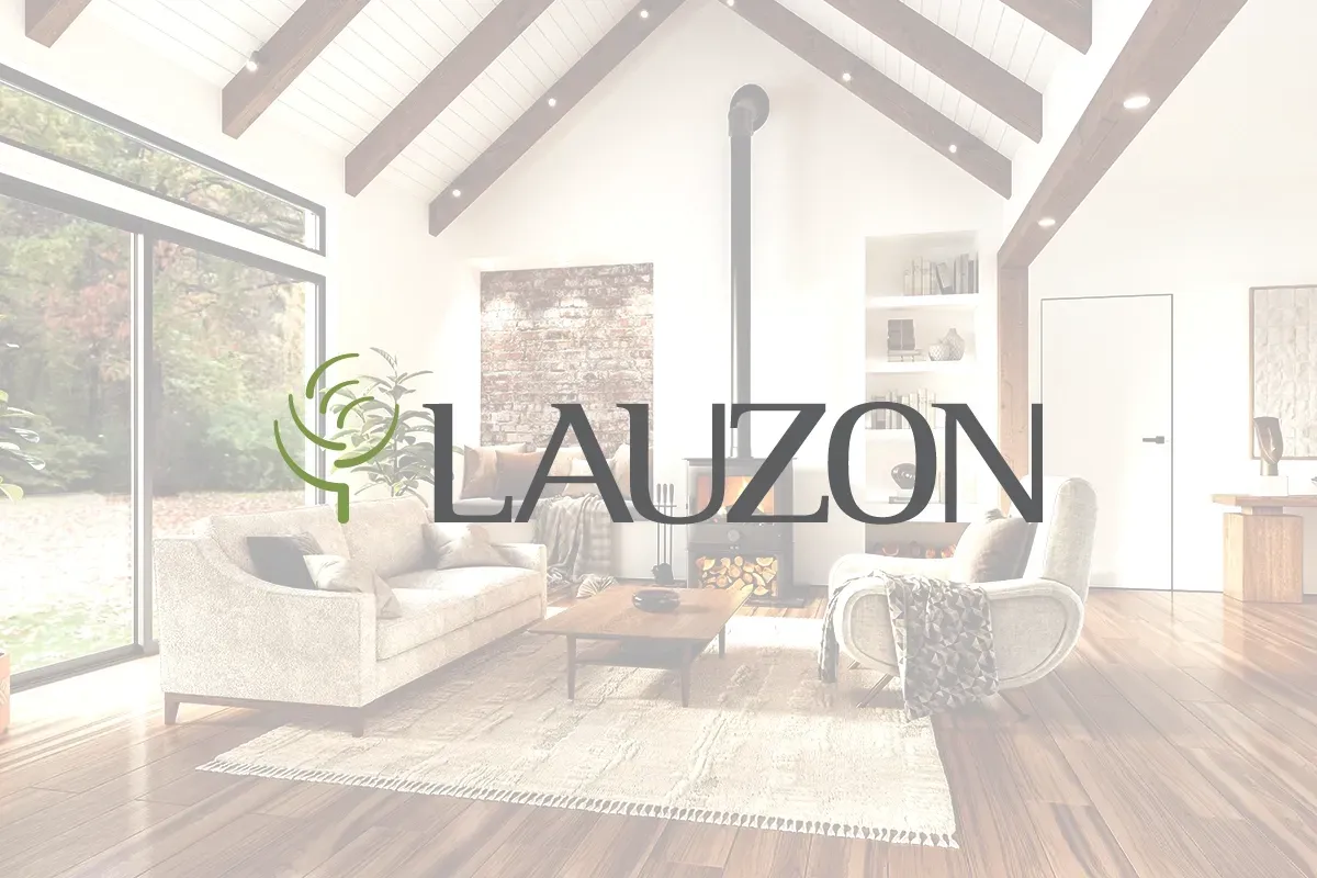 Lauzon logo placed over a white washed image of an apartment featuring Lauzon hardwood flooring.