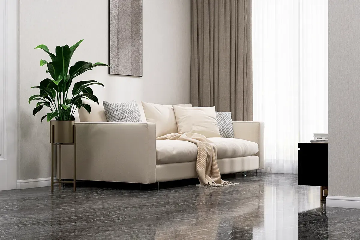 LVP flooring in a modern living room with a natural colored sofa. 