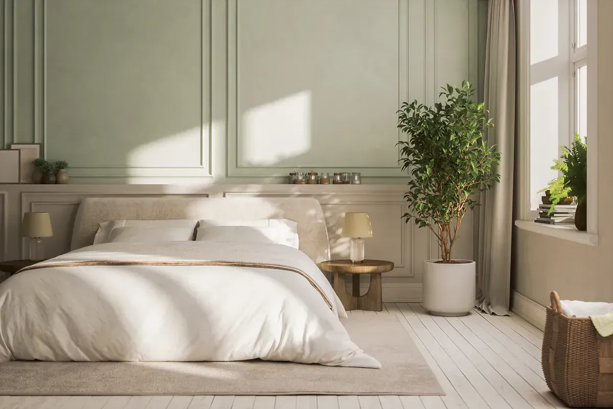 Bedroom with a matte finish flooring trend.