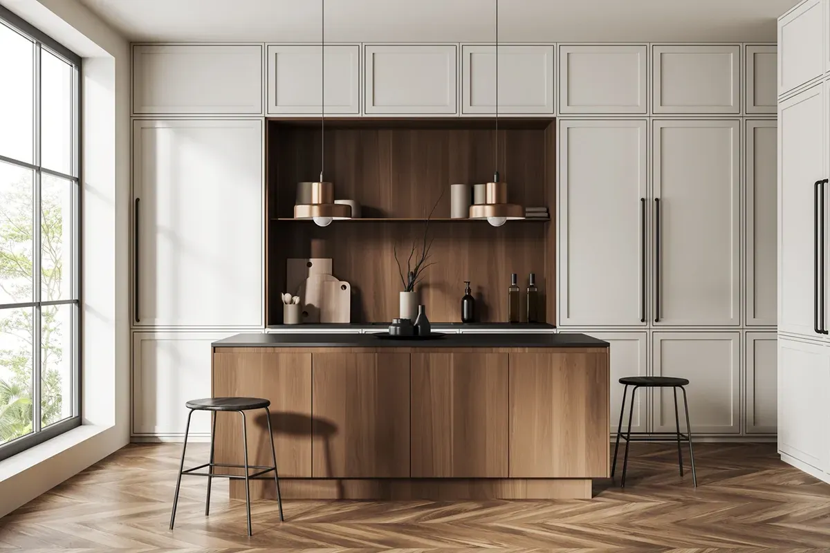 Modern kitchen with beautiful flooring.