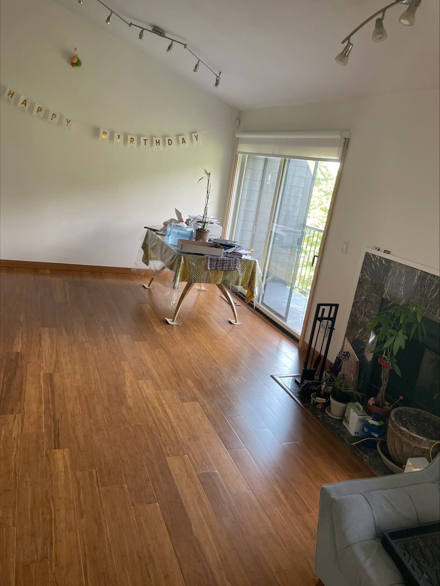 Floating bamboo flooring in bedroom.