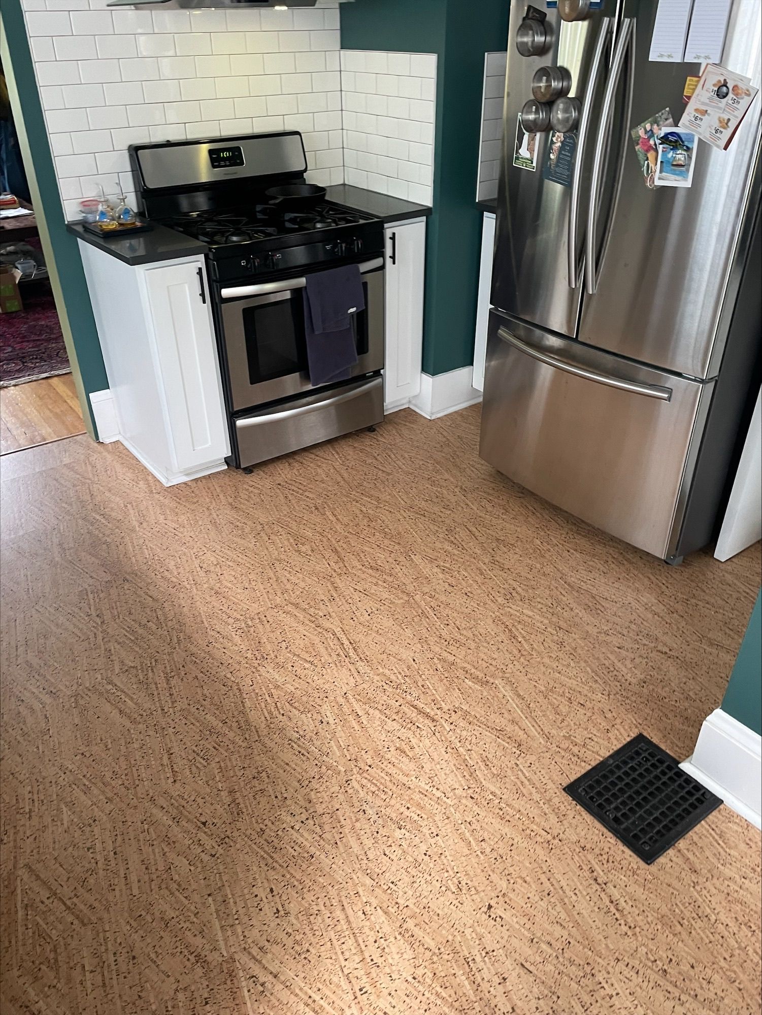 New cork floors in the kitchen.