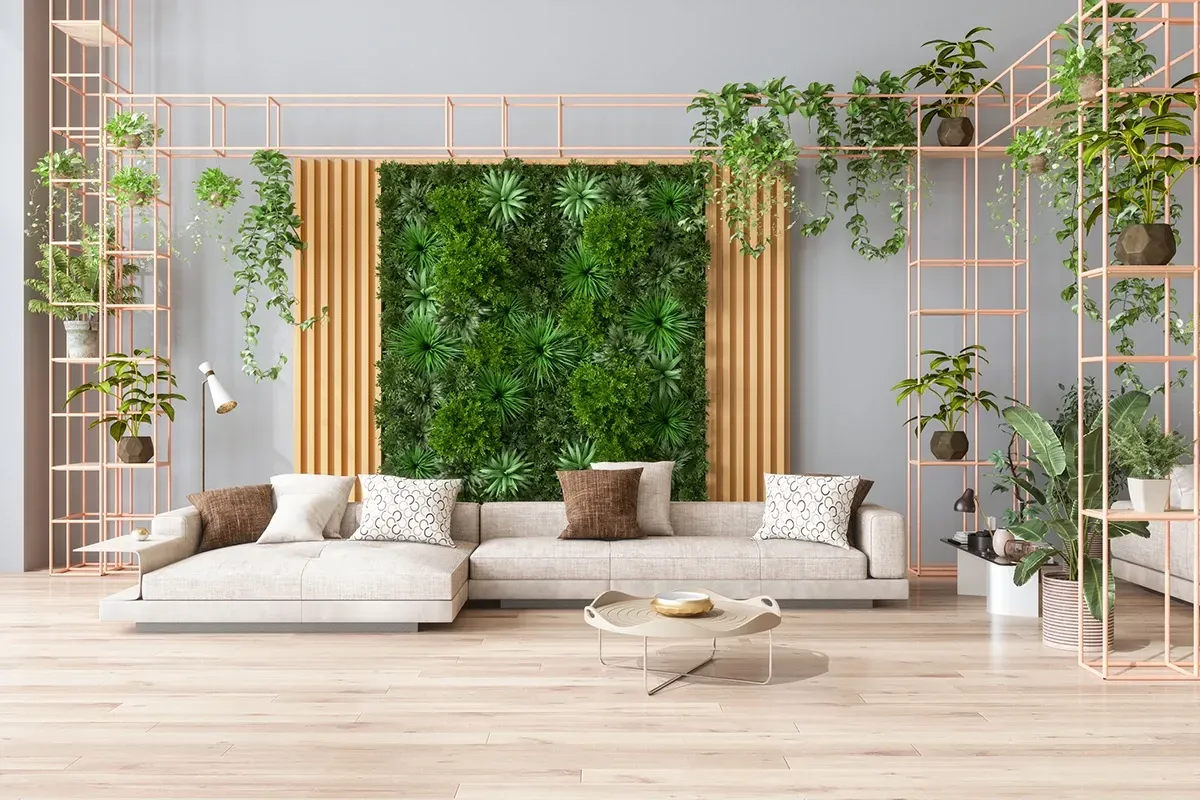 Sustainable wood flooring in a modern apartment with a lot of plants.