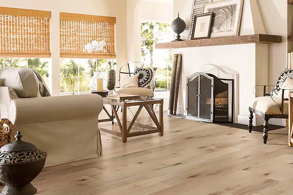 Whitewashed maple flooring in a living room.