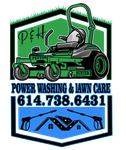 Logo featuring a green lawnmower above text for power washing and lawn care. Phone number 614.738.6431 included.