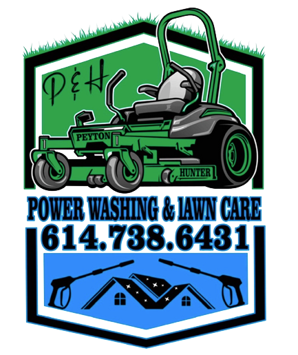 Logo featuring a green lawnmower above text for power washing and lawn care. Phone number 614.738.6431 included.