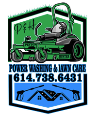Logo featuring a green lawnmower above text for power washing and lawn care. Phone number 614.738.6431 included.