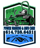 Logo featuring a green lawnmower above text for power washing and lawn care. Phone number 614.738.6431 included.