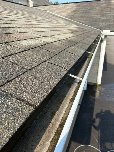 Roof with asphalt shingles, a gutter, and a section of a white soffit.