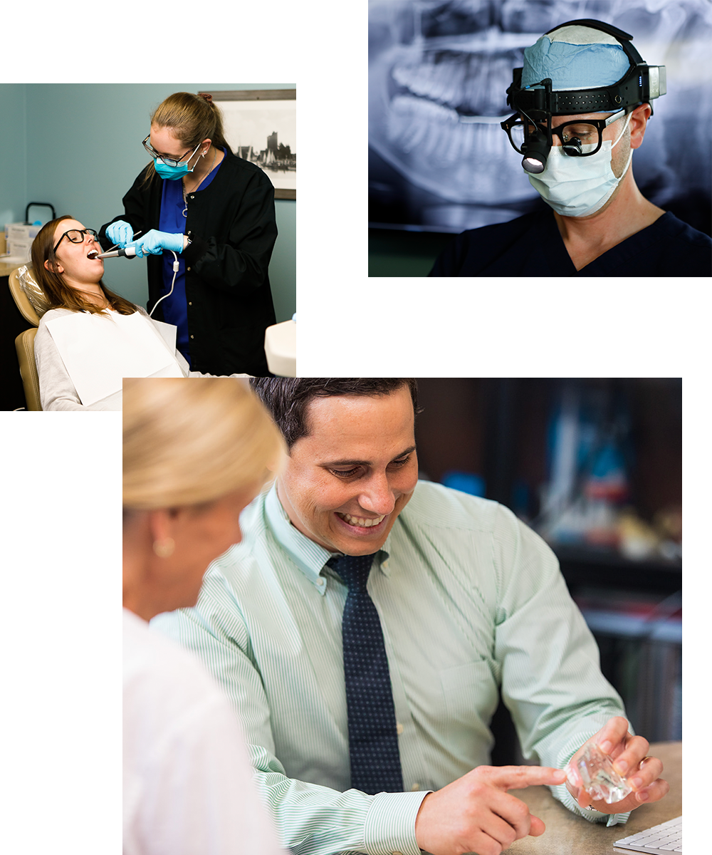 A woman is getting her teeth examined by a dentist.