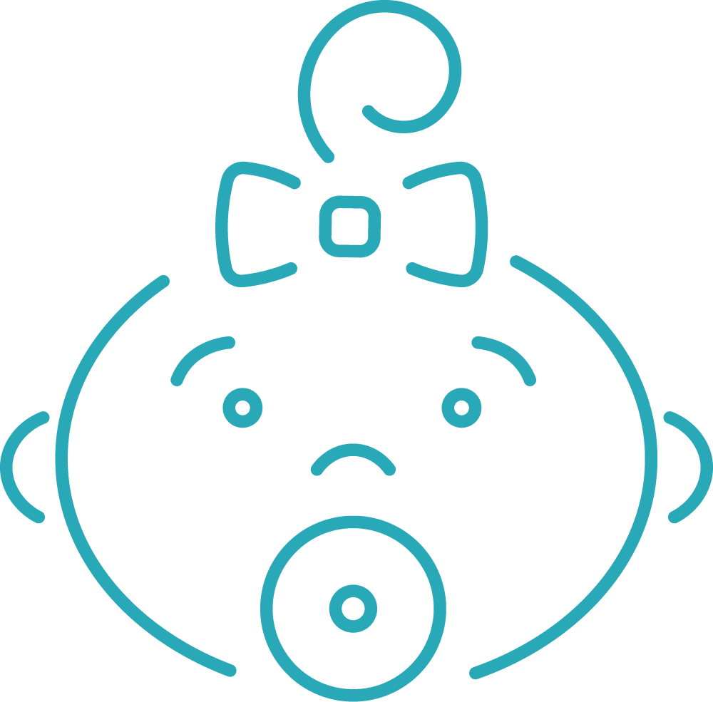 A line drawing of a baby 's head with a sad face.