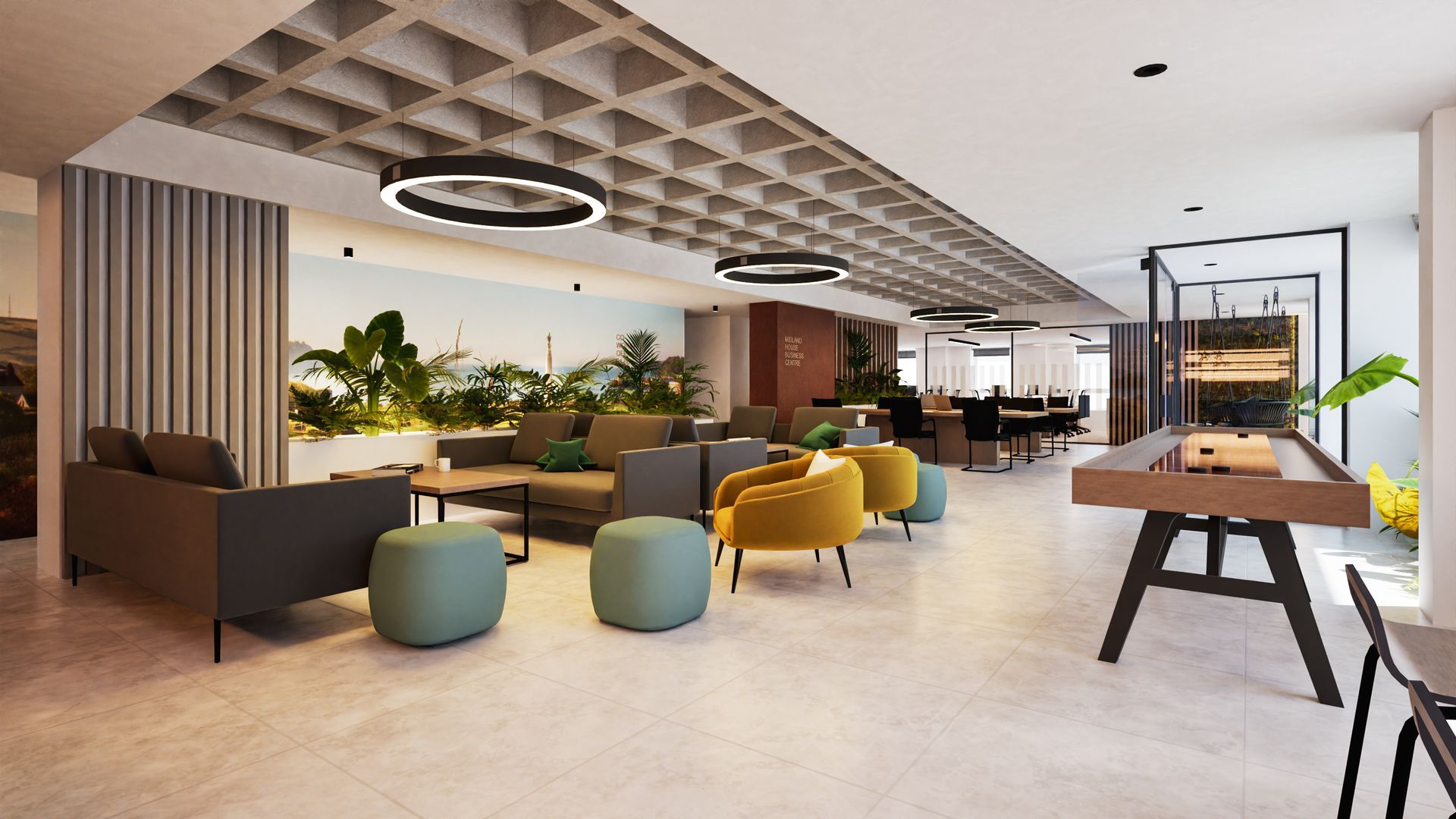 Modern office lounge area with sofas, yellow chairs, a pool table, and plants.