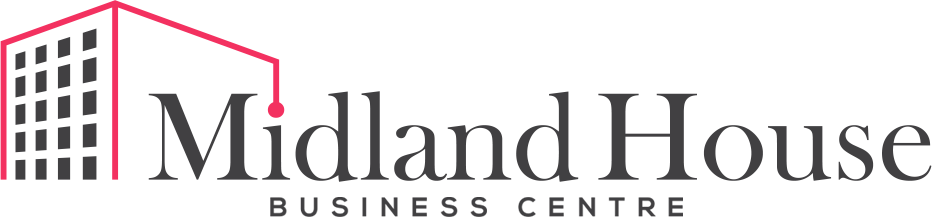 Logo of Midland House Business Centre, a building outline and text in dark grey and pink.