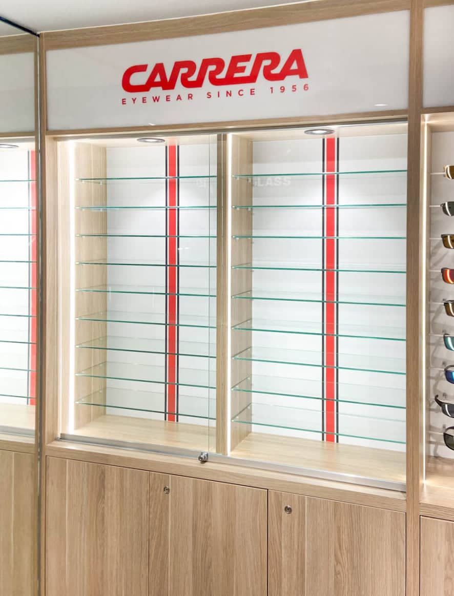 A Store Display Of Carrera Sunglasses And Sunglasses — Solis Signs in Toukley, NSW