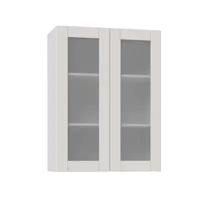 A white cabinet with glass doors and shelves on a white background.