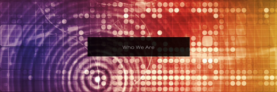 Abstract red-purple digital background with dotted light grid and concentric circles, centered black banner