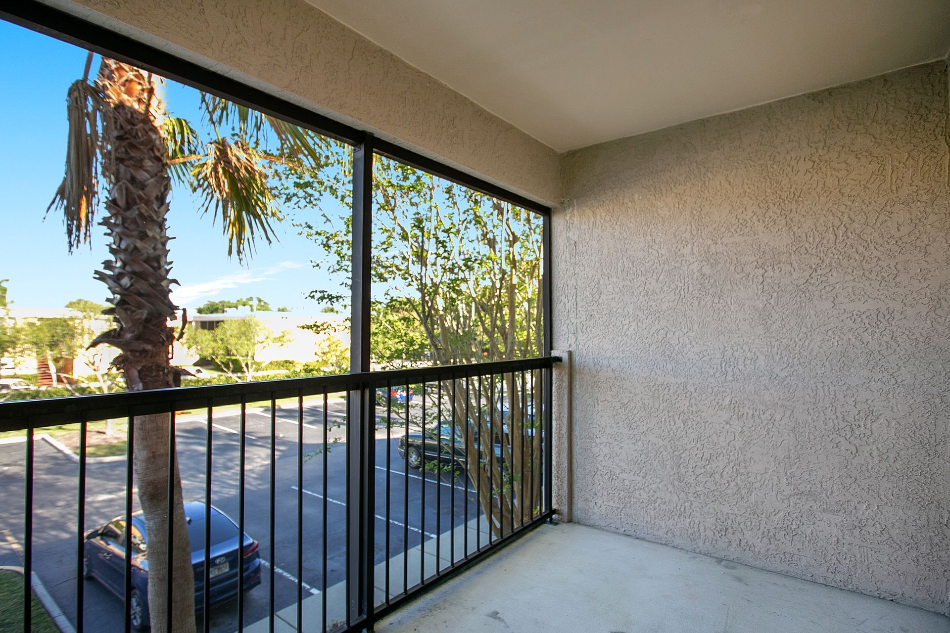 A balcony with a view of a parking lot and a palm tree.