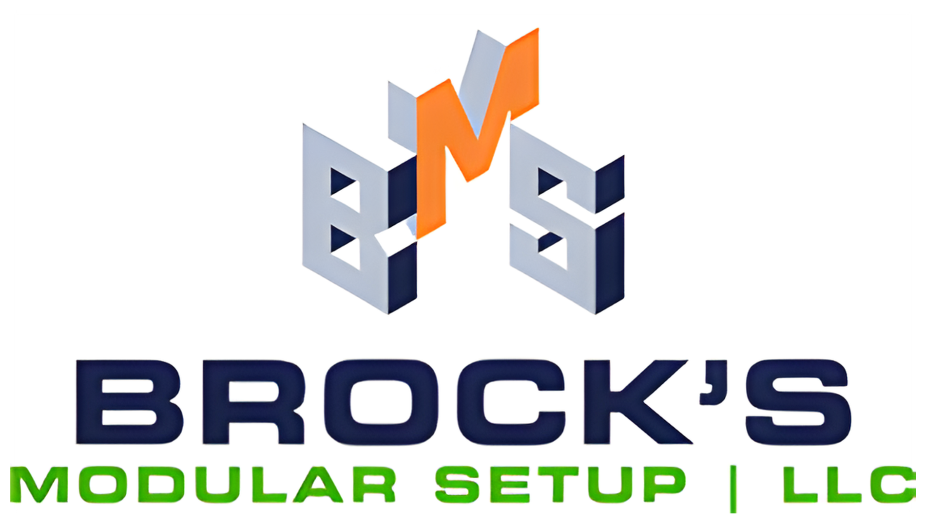 Logo for Brock’s Modular Setup LLC with a 3D letter design in blue and orange, and bold blue and green text.