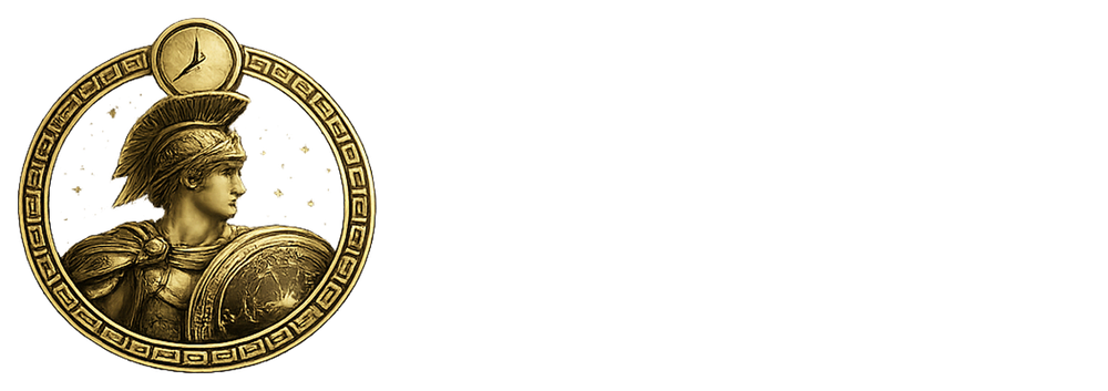 Logo with a clock icon and text that reads 
